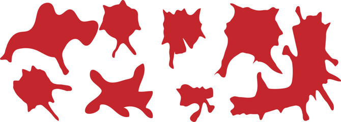 Abstract red splash shape set featuring fluid and irregular paint blot forms. Perfect for digital art, decorative elements, creative backgrounds, and contemporary design use
