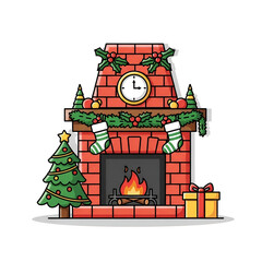Cartoon Christmas Fireplace with Tree &ndash; Holiday Illustration
