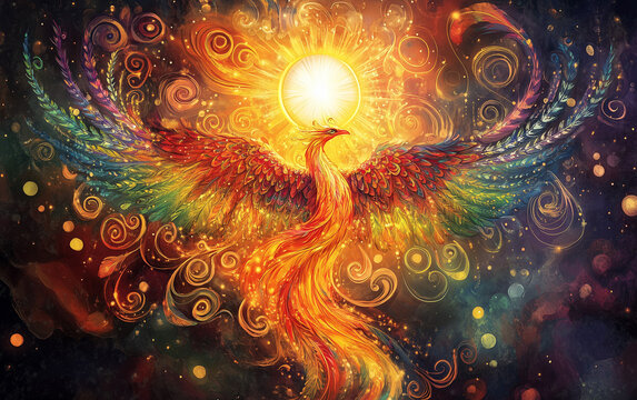Mystical concept of a phoenix with rainbow wings under a sun radiating flame. Swirling patterns and flowing light represent spiritual soulawakening, consciousness, prana energy and divine rebirth.