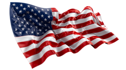 Waving American flag with stars and stripes presented dramatically with fabric folds and shadows, suitable for patriotic displays and national pride themes.