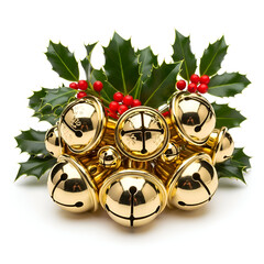Golden Christmas Bells with Holly Leaves &ndash; Holiday Decoration
