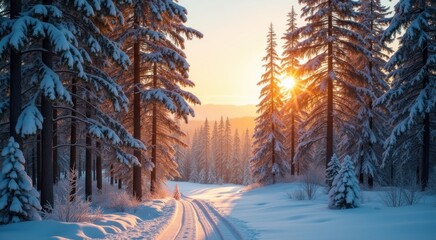 Snowy road in the woods with a sun setting behind it