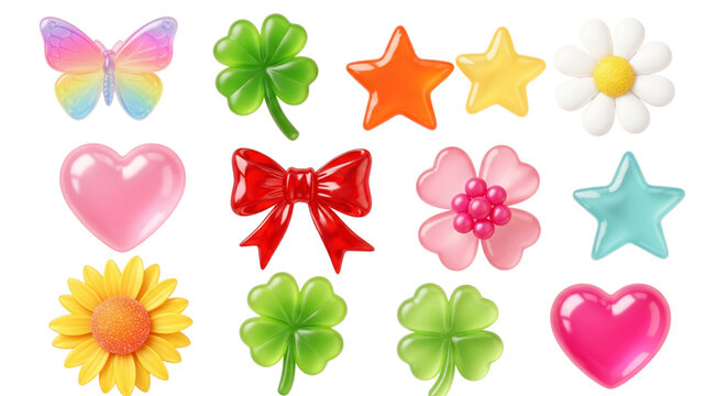 Cute Glossy 3D Sticker Elements Set Hearts Stars Flowers Butterfly Bow Decoration for Kids and Digital Design