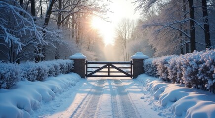 Snowy path leading to gate in winter park with sun shining through trees