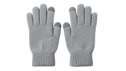 Pair of light gray knitted touchscreen gloves on black background image