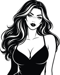 Glamorous Woman Portrait Illustration , Black and White Retro Comic Book Line Art in Vintage Pop Art Engraving Style