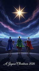 Illustration of three kings on camels, riding towards a bright star over a sandy desert. Symbolic of the journey, faith, and Christmas holiday.