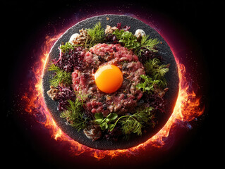 Vibrant steak tartare dish is artfully presented on dark plate, surrounded by fresh herbs and greens, with raw egg yolk on top. fiery background adds dramatic flair