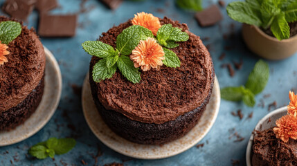 Detailed overhead shot of chocolate cake topped with chocolate shavings, mint leaves, and orange flowers on blue background. scene includes additional chocolate pieces and mint leaves
