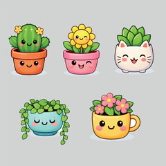 Set of cute kawaii houseplants vector icons with smiling flower pots, cartoon style illustrations on white background.
