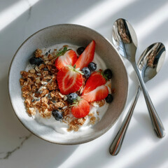 Breakfast bowl with yogurt, granola, strawberries, and blueberries is beautifully presented on white surface with two spoons beside it. natural light enhances fresh and healthy appeal