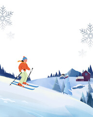 PNG image of Cheerful person skiing down a snowy mountain slope near alpine cabins during a bright winter day with falling snowflakes on transparent background