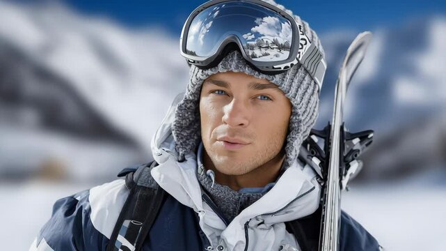 Male skier in winter gear, standing on snowy mountain slope, adjusting goggles, showcasing focus and determination, preparing for the upcoming descent in a breathtaking alpine landscape