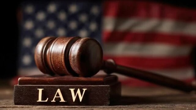 A traditional wooden gavel rests prominently on a matching sound block, clearly displaying the carved word 'LAW'. The background features a soft, out-of-focus blur of red, white, and blue, suggesting 