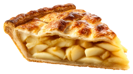 Slice of golden baked apple pie with flaky lattice crust and visible fruit filling, perfect for food blogs and bakery promotions.