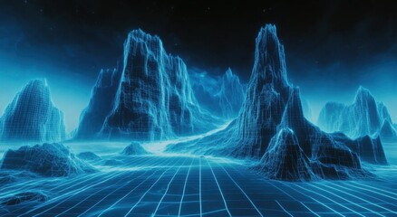 A digital model of mountains with a grid and stars in the background. The aesthetics of simulation and scientific visualization.