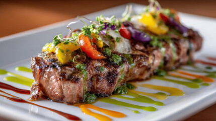Grilled steak garnished with colorful vegetables and herbs on white plate, featuring vibrant sauces drizzled artistically. dish is presented in flat lay style