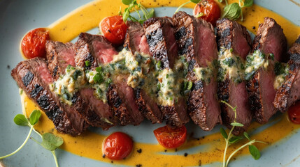 Grilled steak slices with herb butter are artfully arranged on plate, surrounded by vibrant cherry tomatoes and fresh greens, creating visually appealing and appetizing dish