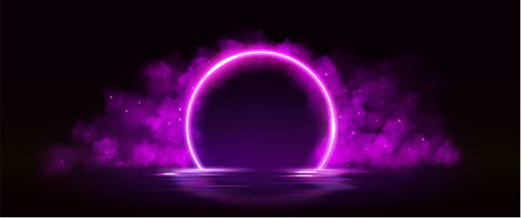 Neon light portal in color smoke on black background. Vector realistic illustration of futuristic round arch space portal, mysterious pink and purple fog clouds, magic hologram gate for game design
