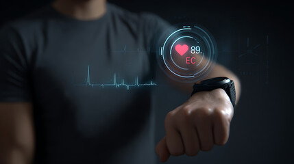 Person wearing dark shirt with heart rate monitor display smartwatch