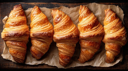 Golden, flaky croissants arranged on parchment paper create warm and inviting scene. rich texture and buttery layers are highlighted, making them look irresistibly delicious