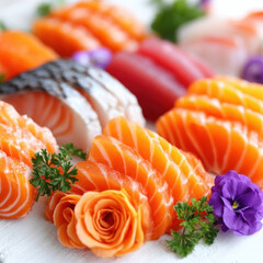 Vibrant sashimi platter featuring fresh salmon, tuna, and other fish, garnished with parsley and edible flowers, creating artistic and appetizing presentation