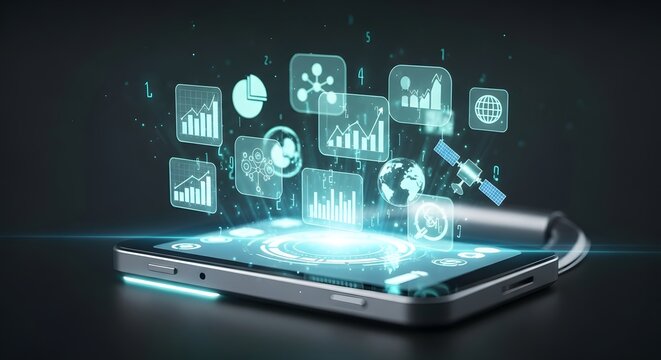 Smartphone projecting holographic data analysis icons and a satellite in a dark digital technology environment - Powered by Adobe