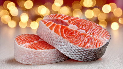 Two fresh salmon slices with intricate frost lines are displayed against festive bokeh background, highlighting their vibrant orange color and texture