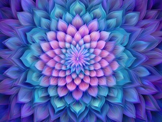 Detailed graphic of a vibrant, symmetrical flower, layered petals in shades of blue and pink