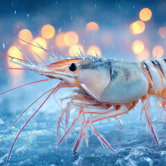 Frozen shrimp surrounded by delicate ice crystals, creating serene and captivating scene with bokeh background