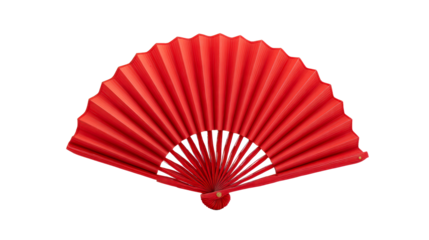 Vibrant red foldable fan opened wide, showcasing delicate pleats and smooth material, perfect for cultural events, personal cooling, or decorative displays.