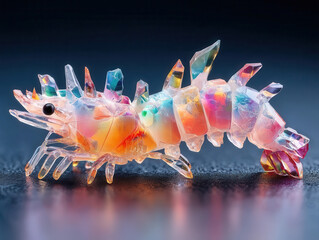Vibrant, multicolored crystal sculpture of prawn with intricate details and sharp edges, resembling ice shards, is illuminated against dark background. artwork exudes sense of elegance