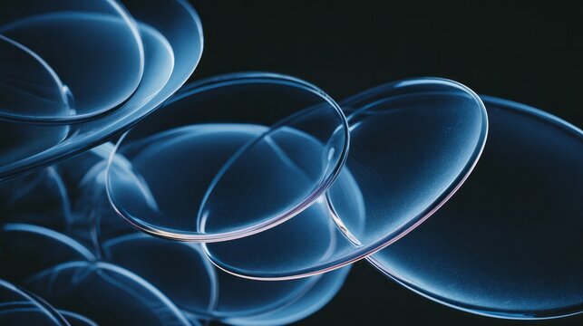 Overlapping translucent disks create an abstract composition with cool blue illumination