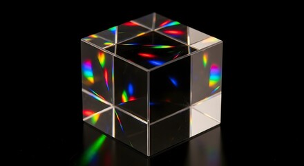 Clear glass cube prism reflecting vibrant spectral colors against a deep black background studio shot
