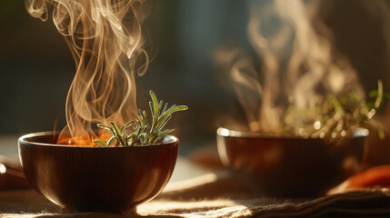 Steaming bowls of gourmet soup with fresh herbs create warm and inviting atmosphere. minimalist design enhances focus on aromatic ingredients