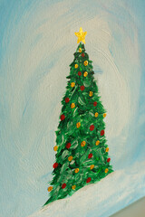 Minimal hand painted Christmas tree with ornaments on soft blue background