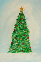 Hand painted Christmas tree on light blue background, cozy winter holiday illustration