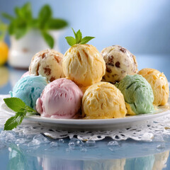 Plate of colorful sorbet scoops with intricate icy details, featuring variety of flavors and garnished with fresh mint leaves, creating refreshing and delightful presentation