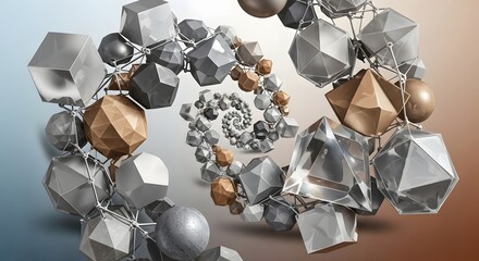 Abstract geometric spiral structure composed of metallic polyhedrons receding into a digital background