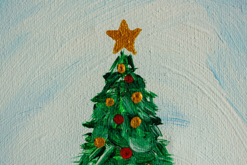 Close up of hand painted Christmas tree with golden star, textured acrylic art
