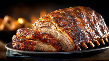 Plate of glazed ribs with glossy sauce finish, showcasing tender meat and rich, savory glaze, perfect for hearty meal