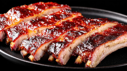 Juicy glazed ribs with glossy sauce finish on black plate, showcasing deliciously caramelized texture. Perfectly cooked and mouthwatering, ideal for hearty meal