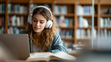 Young woman with headphones studying on laptop in library