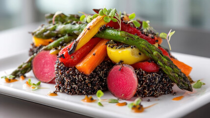 Plated vegetarian dish featuring colorful vegetables on bed of black quinoa, garnished with microgreens and drizzled with sauce, creating vibrant and appetizing presentation