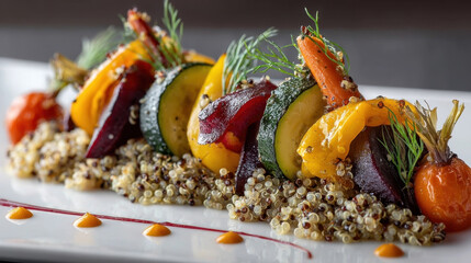Beautifully plated vegetarian dish features colorful vegetables like zucchini, beets, and carrots on bed of quinoa, garnished with fresh herbs and sauce dots for artistic touch