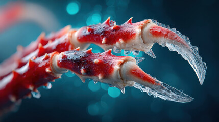 Single frozen crab leg with sharp frosty edges reflects light against blurred blue background, creating striking and detailed image