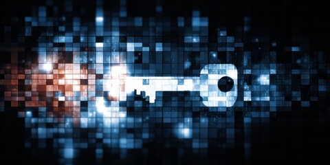 Glowing digital key emerges from abstract blue and orange pixelated background