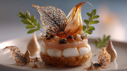 Gourmet canap with intricate layers features delicate caramelized sugar art, cream, and herbs on crisp base, creating elegant and artistic presentation