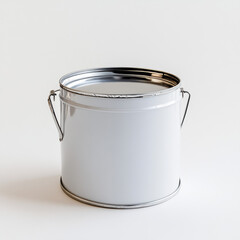 A shiny stainless steel bucket with a handle, isolated on a white background and used as a kitchen container or cooking utensil