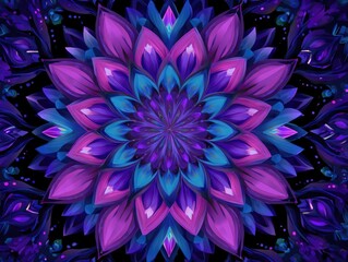 Vibrant, symmetrical mandala flower design in shades of purple and blue